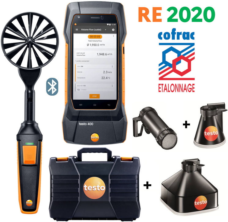 Kit de mesure complet Pression et Débit aux bouches - Extraction et soufflage - Sonde sans-fil bluetooth, multifonctions, enregistrements - étalonnage COFRAC MONOBLOC - RE2020