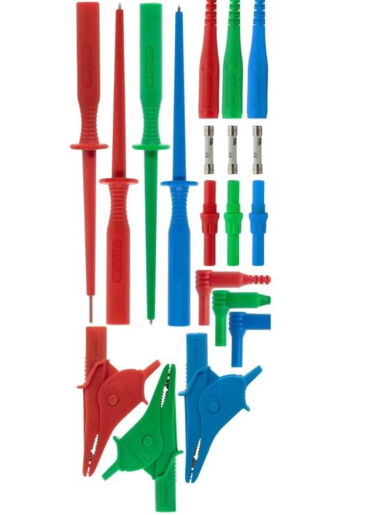 Jeu de 3 cordons + 3 pinces crocos & 4 pointes de touche - Rouge/Bleu/Vert - avec fusibles 10A