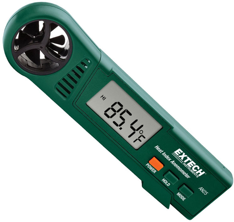 Mini thermo-anémomètre 0.4-25 m/s, -15-+50°C, avec bulbe humide & indice de chaleur