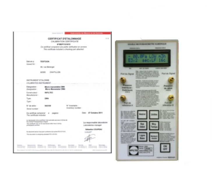 Certificat d´étalonnage pour manomètre Infiltec DM4, conforme FD P50-784, ports A/R inclus