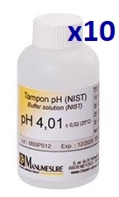 Lot de 10 solutions tampon de 4,01 pH - NIST & DIN19266 - Bouteilles de 125mL